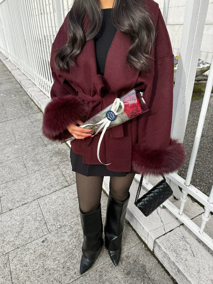 Belted Oversized Wool Coat with Fur Cuffs for Women