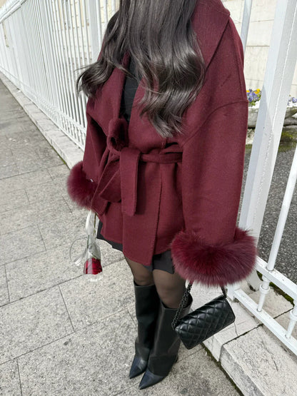 Belted Oversized Wool Coat with Fur Cuffs for Women - Burgundy