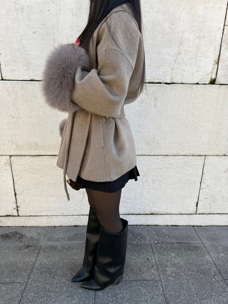 Belted Oversized Wool Coat with Fur Cuffs for Women