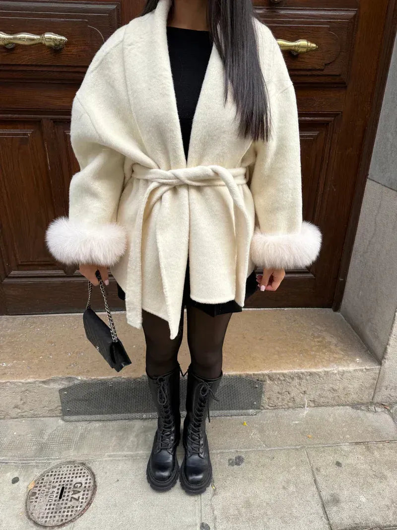 Belted Oversized Wool Coat with Fur Cuffs for Women - Cream