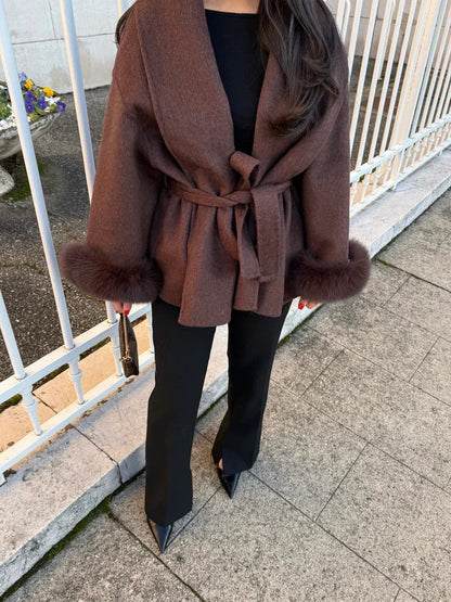 Belted Oversized Wool Coat with Fur Cuffs for Women - Brown