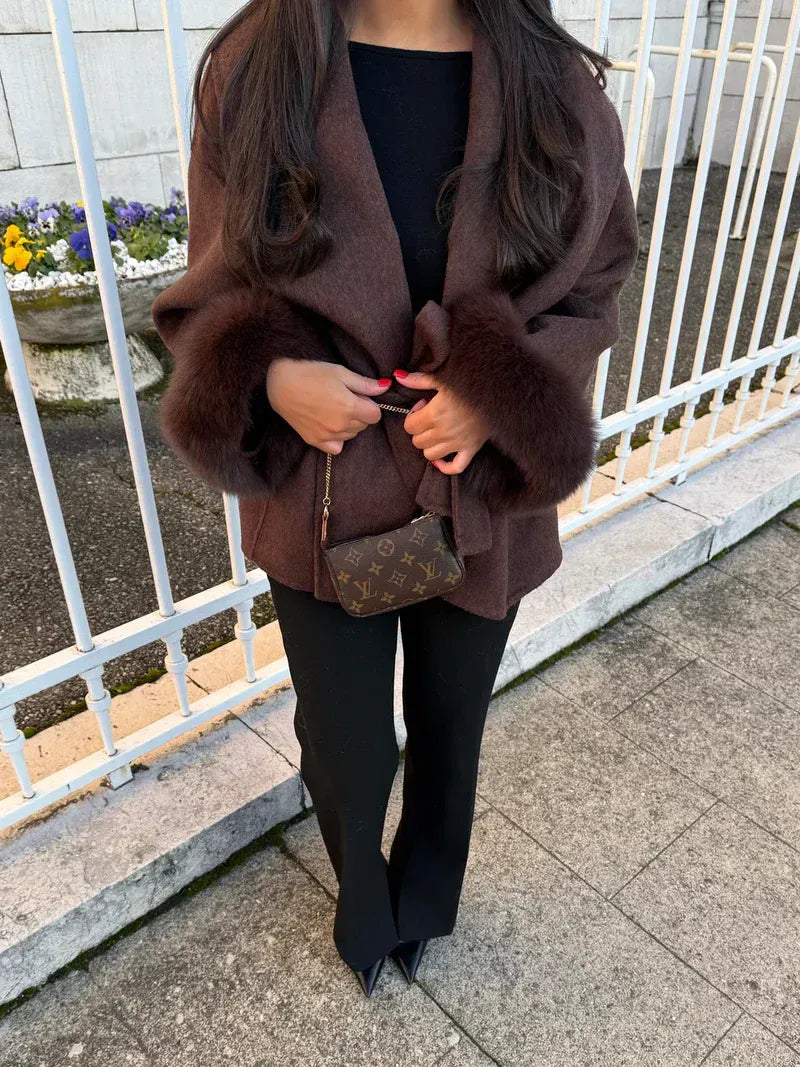Belted Oversized Wool Coat with Fur Cuffs for Women
