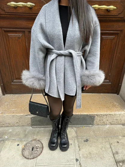Belted Oversized Wool Coat with Fur Cuffs for Women - Grey