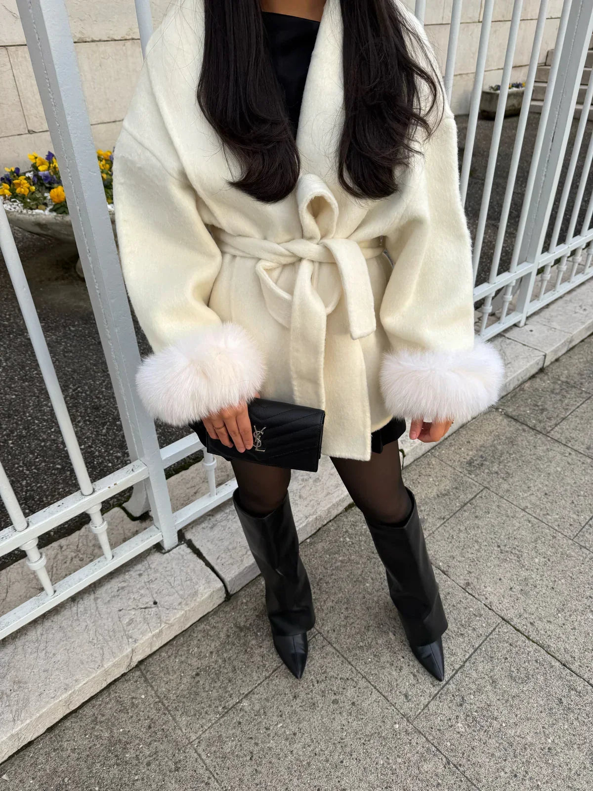 Belted Oversized Wool Coat with Fur Cuffs for Women