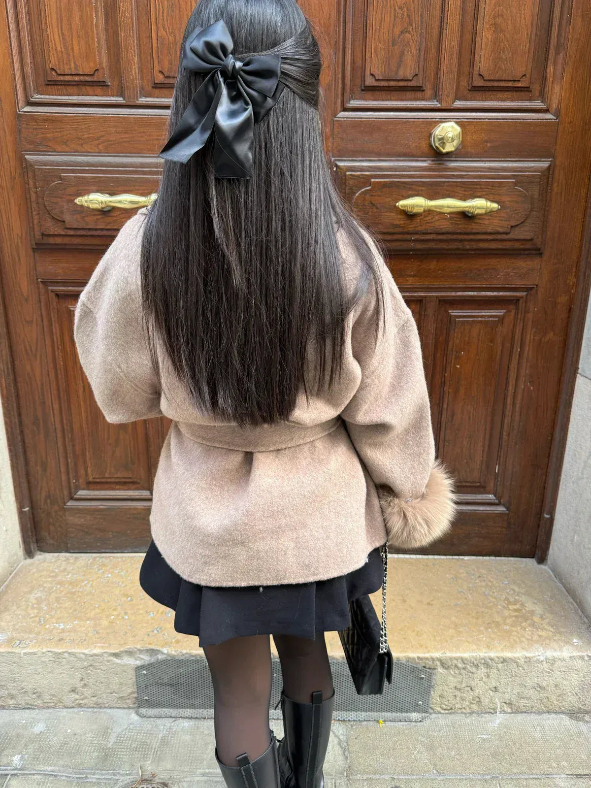 Belted Oversized Wool Coat with Fur Cuffs for Women - Beige