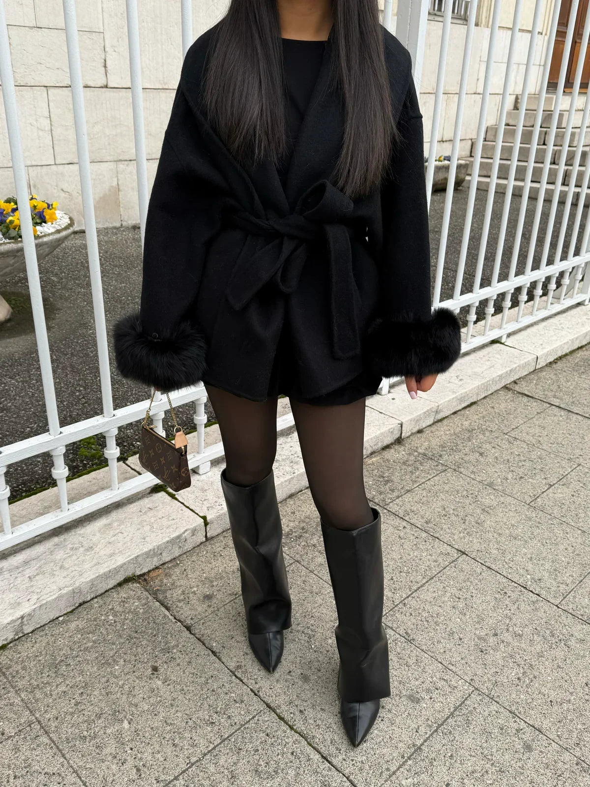 Belted Oversized Wool Coat with Fur Cuffs for Women - Black
