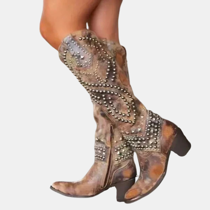 Western Studded Knee-High Block Heel Boots for Women - Brown