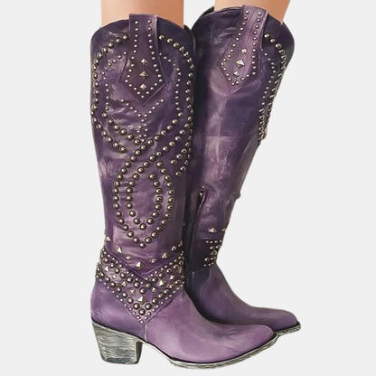 Western Studded Knee-High Block Heel Boots for Women - Purple