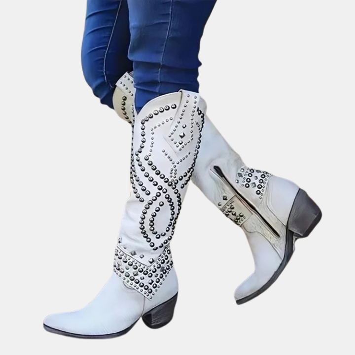 Western Studded Knee-High Block Heel Boots for Women - White