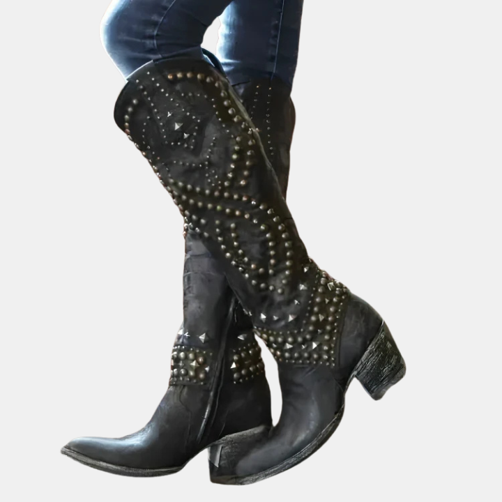 Western Studded Knee-High Block Heel Boots for Women - Black