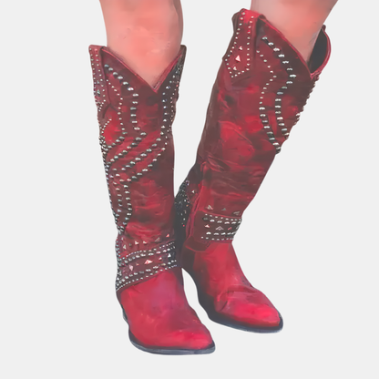 Western Studded Knee-High Block Heel Boots for Women - Red