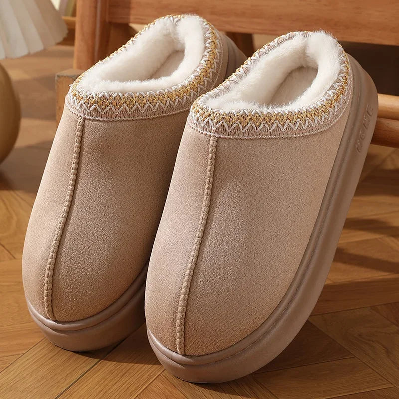 Faux Suede Platform Slippers with Fleece Lining for Women - Khaki