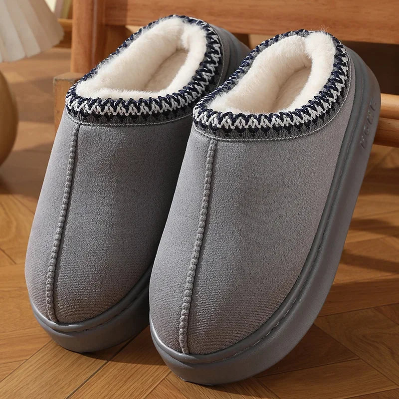 Faux Suede Platform Slippers with Fleece Lining for Women - Gray