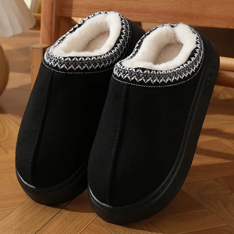 Faux Suede Platform Slippers with Fleece Lining for Women - Black