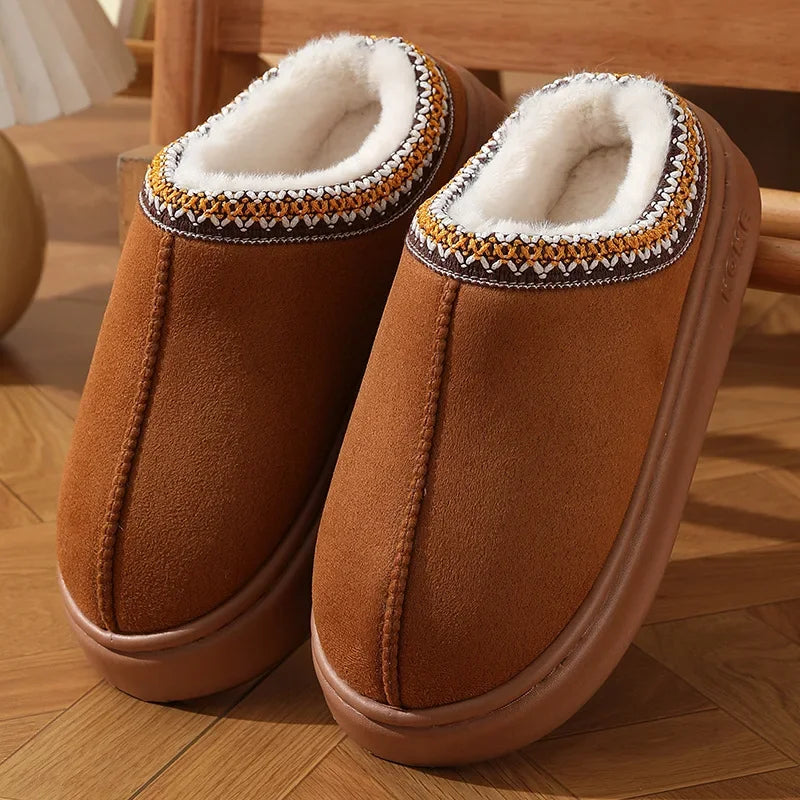 Faux Suede Platform Slippers with Fleece Lining for Women - Brown