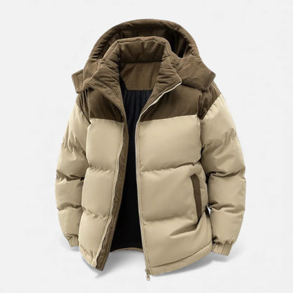 Puffer Jacket with Corduroy Hood and Color Block Design for Women - Khaki