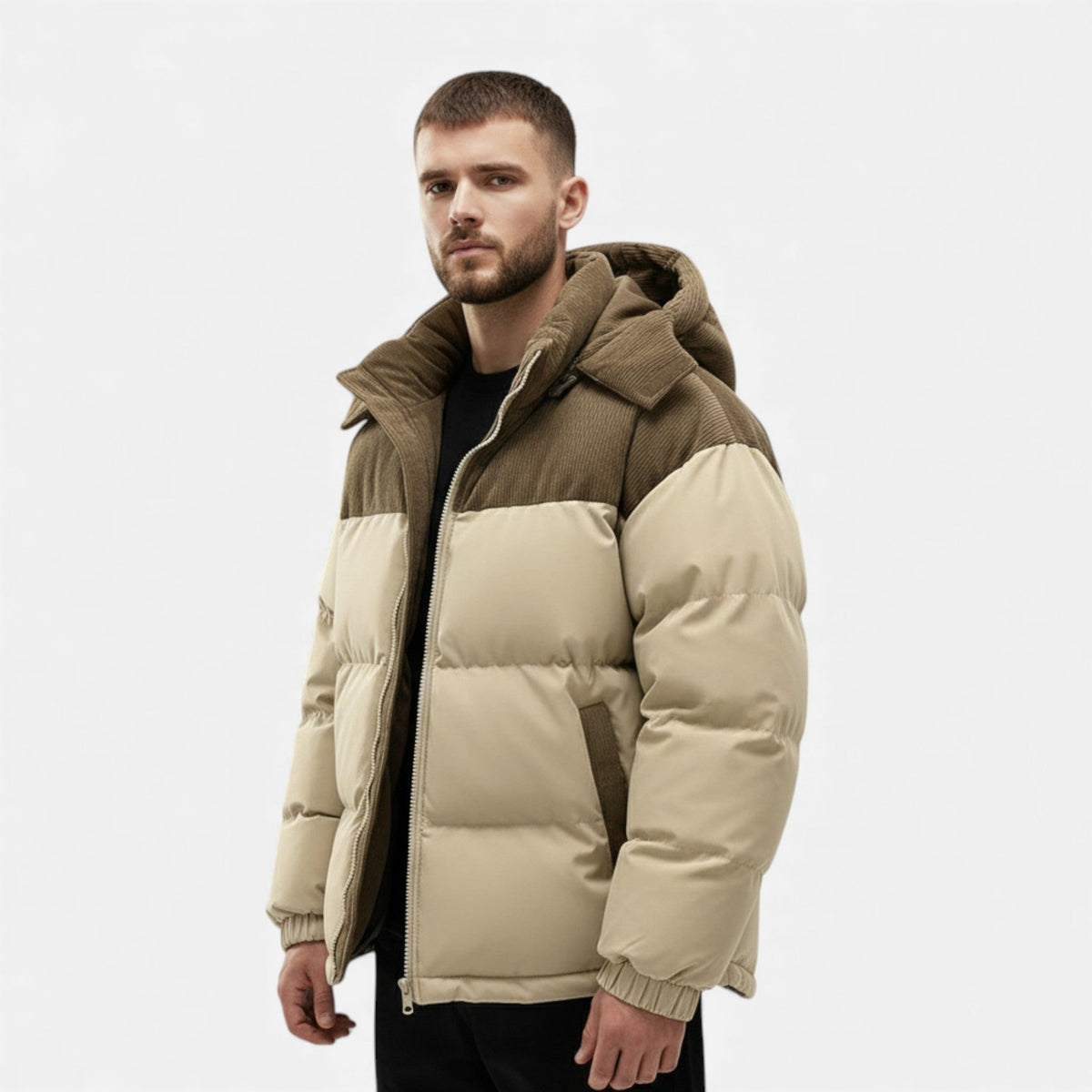 Puffer Jacket with Corduroy Hood and Color Block Design for Women