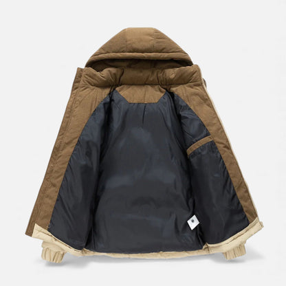 Puffer Jacket with Corduroy Hood and Color Block Design for Women