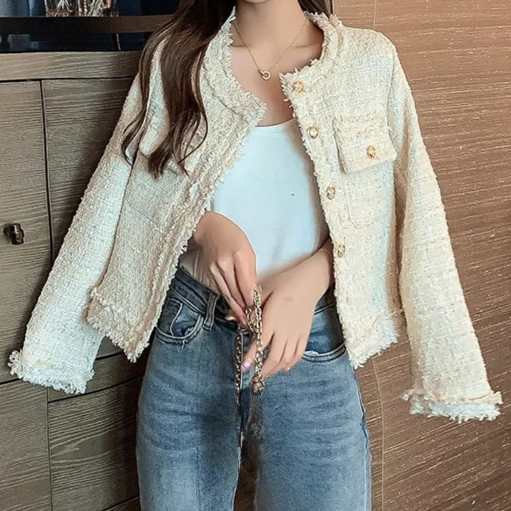Tweed Button-Up Jacket with Frayed Trim for Women