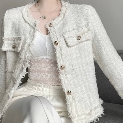 Tweed Button-Up Jacket with Frayed Trim for Women - White