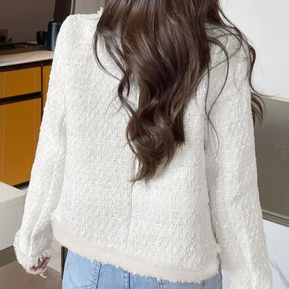 Tweed Button-Up Jacket with Frayed Trim for Women
