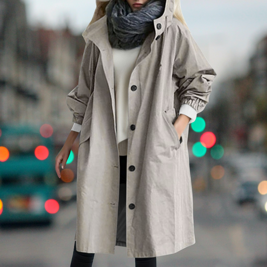 Hooded Trench Coat Fit-and-Flare Button-Up for Women