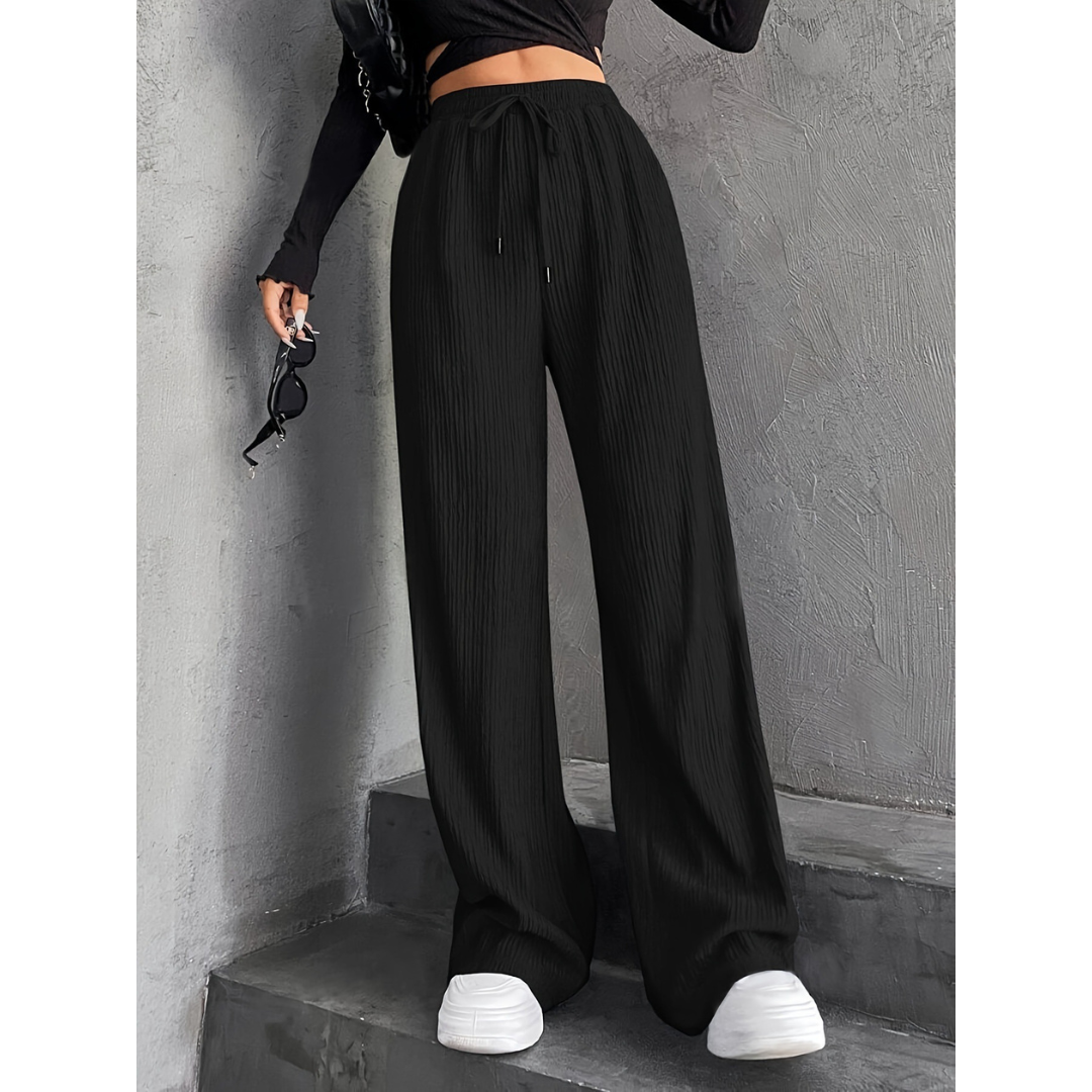 Ribbed Wide-Leg Drawstring Trousers for Women - Black