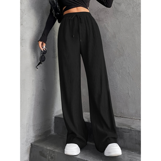 Ribbed Wide-Leg Drawstring Trousers for Women - Black