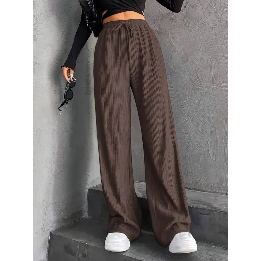 Ribbed Wide-Leg Drawstring Trousers for Women - Brown