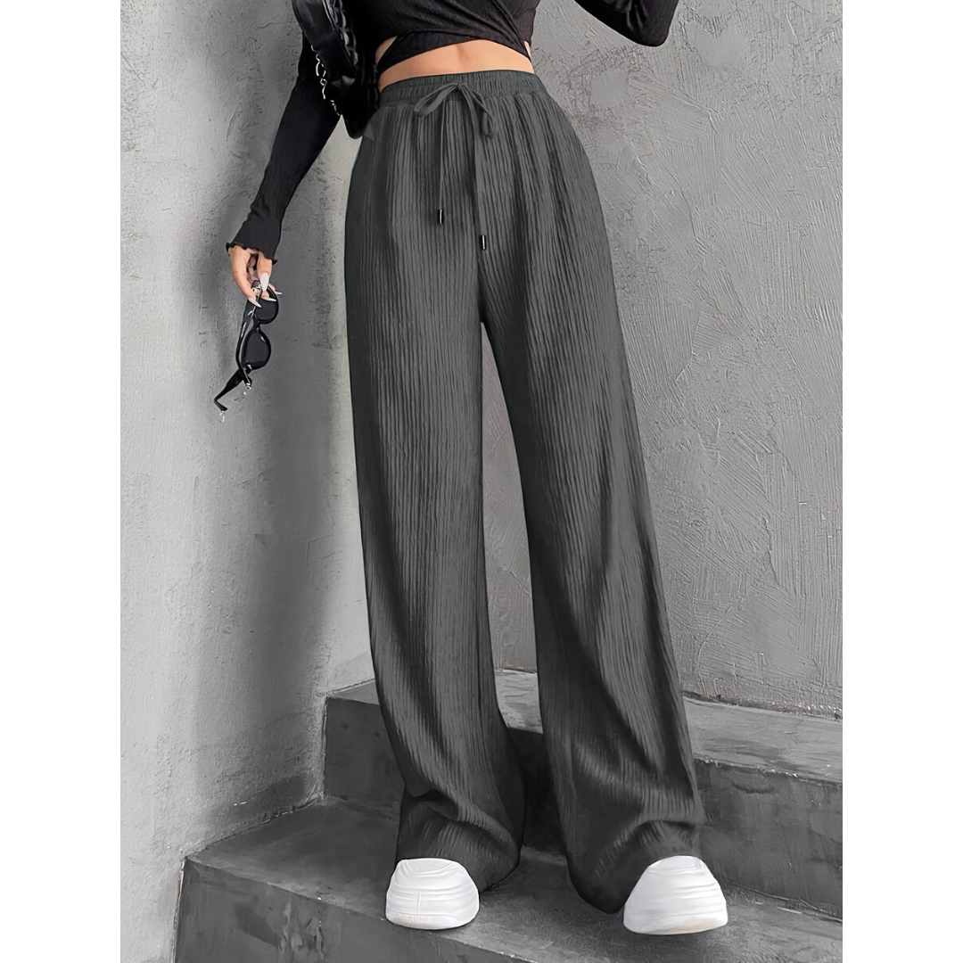 Ribbed Wide-Leg Drawstring Trousers for Women - Gray