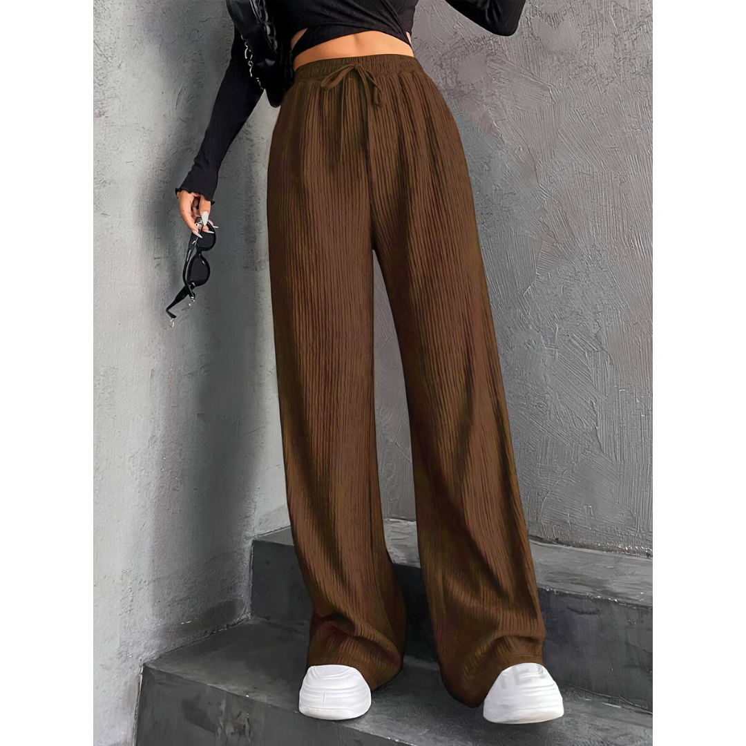 Ribbed Wide-Leg Drawstring Trousers for Women - Light Brown