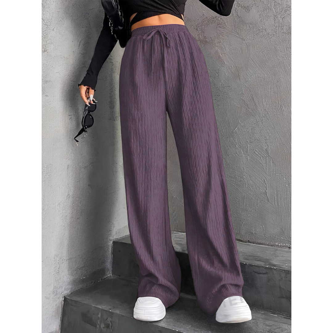 Ribbed Wide-Leg Drawstring Trousers for Women - Purple