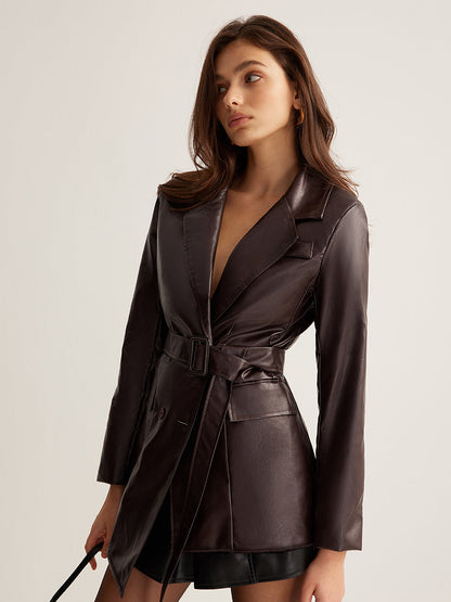 Leather Belted Blazer Jacket for Women