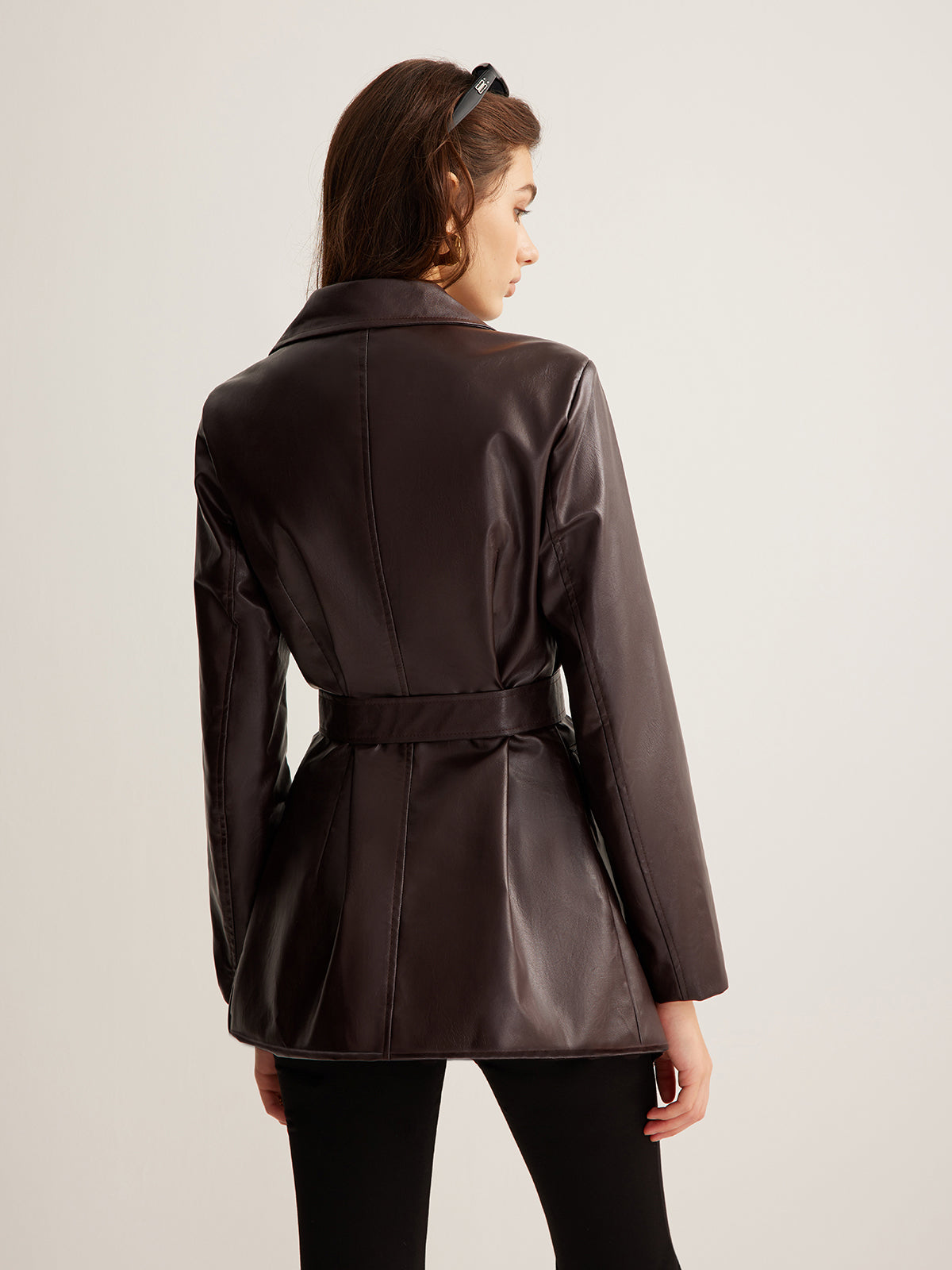 Leather Belted Blazer Jacket for Women