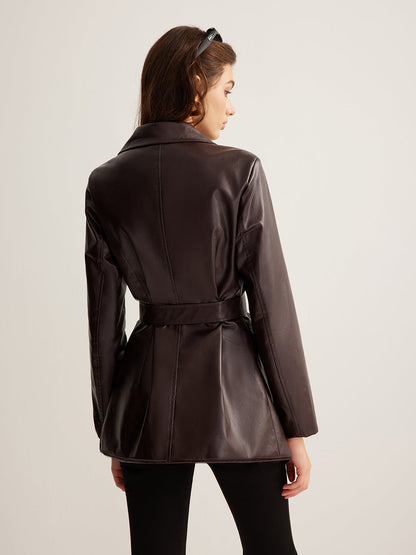 Leather Belted Blazer Jacket for Women