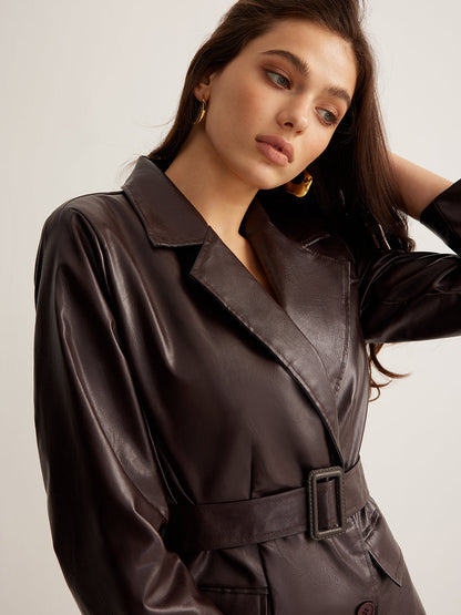 Leather Belted Blazer Jacket for Women