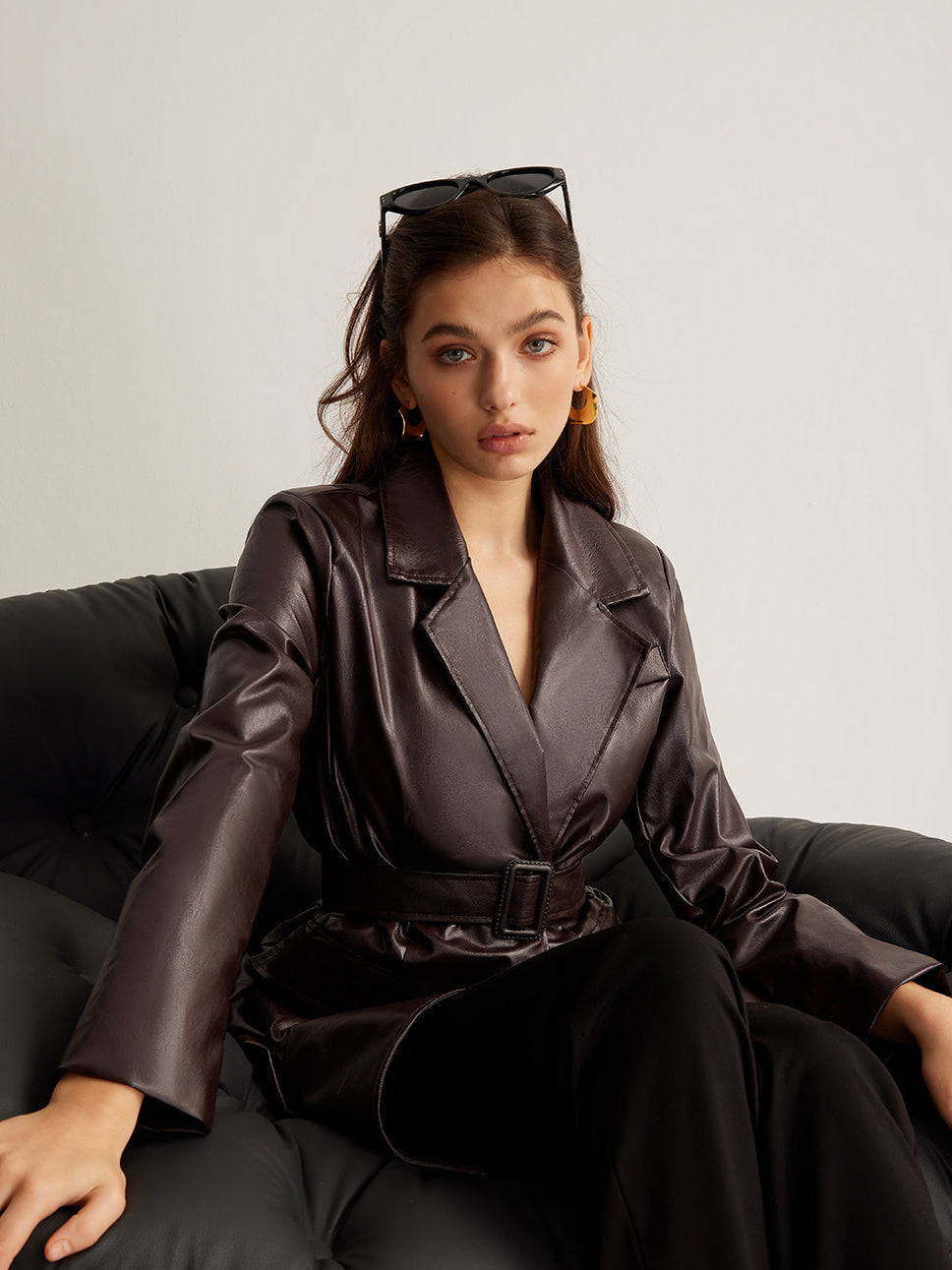 Leather Belted Blazer Jacket for Women