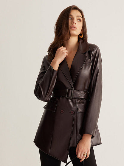Leather Belted Blazer Jacket for Women