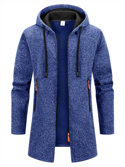 Zip-Up Hooded Long Coat for Men - Navy Blue