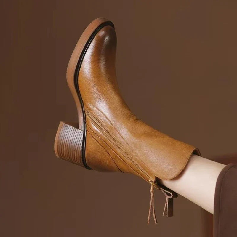 Leather Ankle Boots with Side Zipper and Block Heel for Women