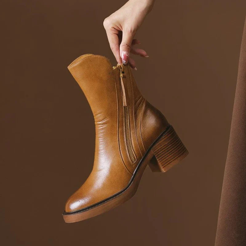 Leather Ankle Boots with Side Zipper and Block Heel for Women - Brown