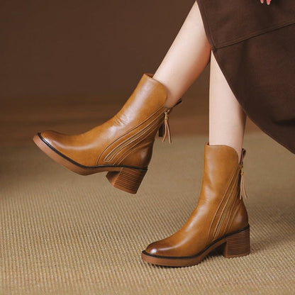 Leather Ankle Boots with Side Zipper and Block Heel for Women
