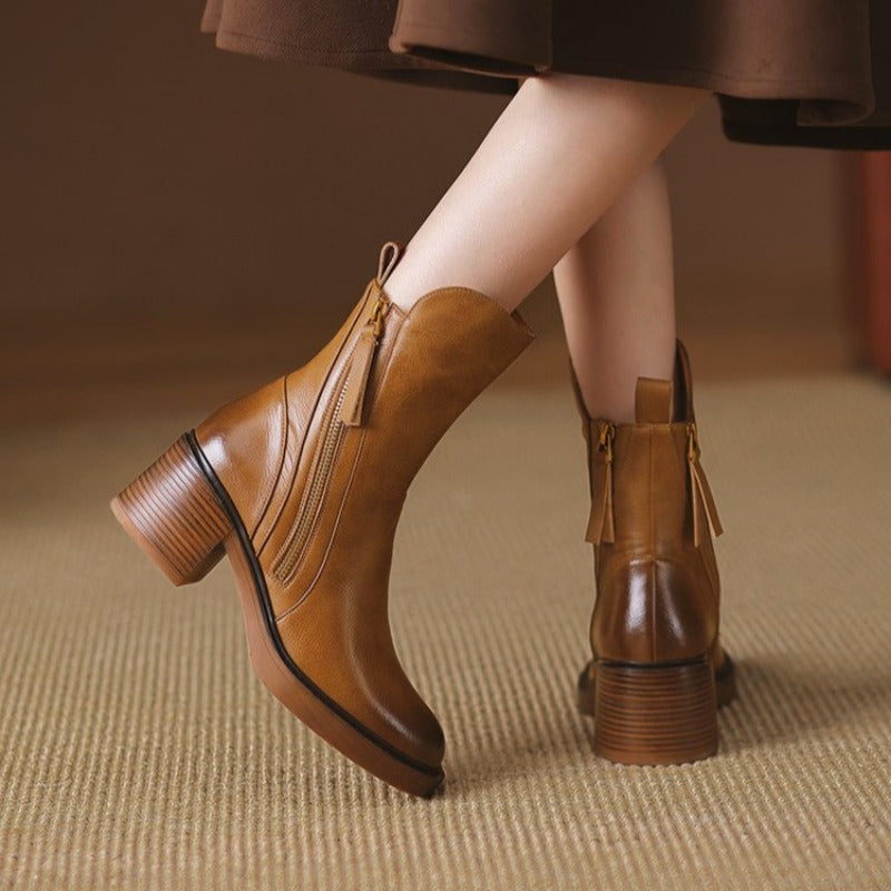 Leather Ankle Boots with Side Zipper and Block Heel for Women