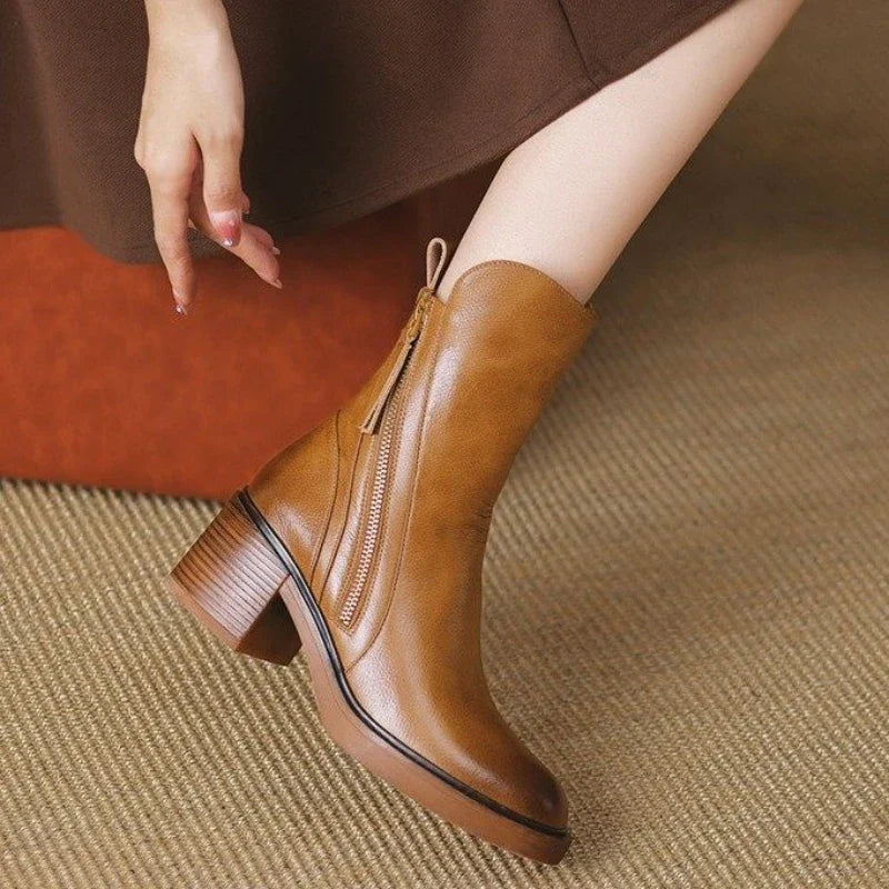 Leather Ankle Boots with Side Zipper and Block Heel for Women