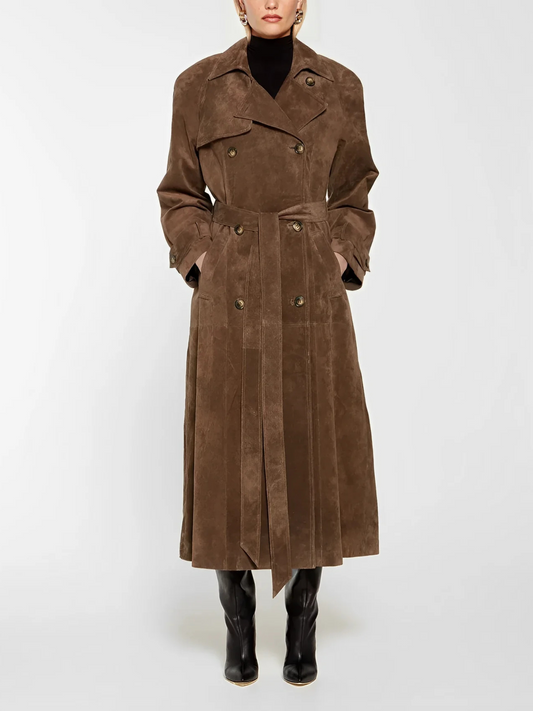 Double-Breasted Suede Trench Coat with Belt for Women