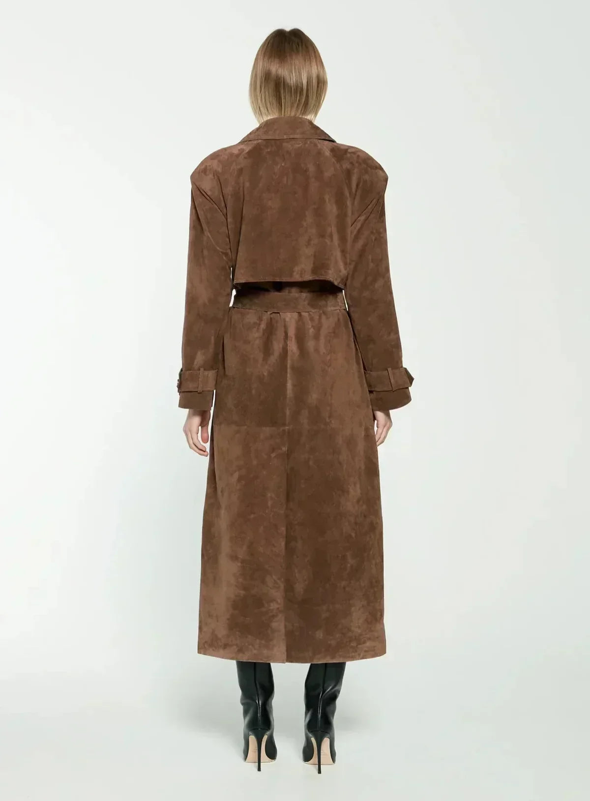 Double-Breasted Suede Trench Coat with Belt for Women