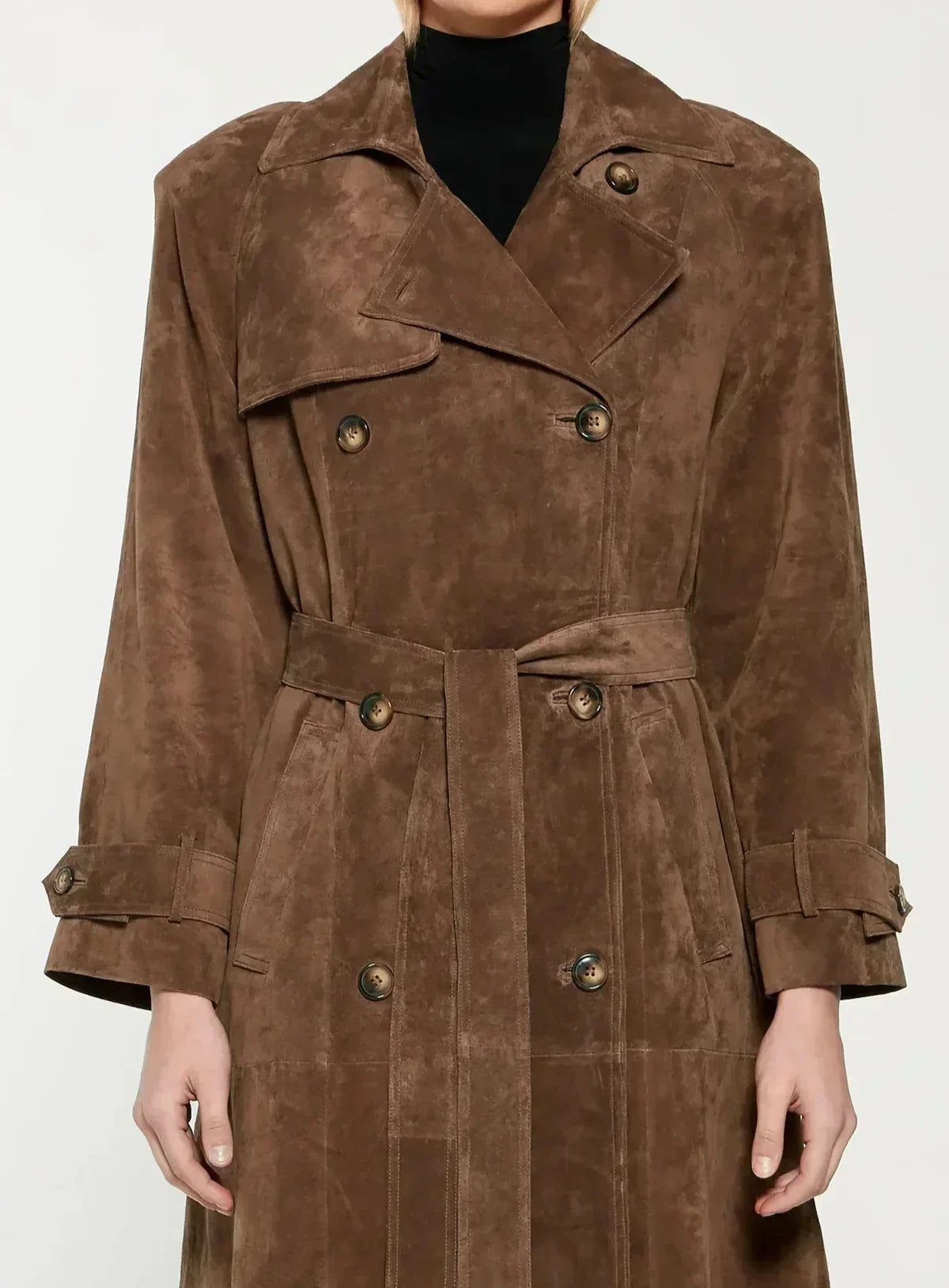 Double-Breasted Suede Trench Coat with Belt for Women