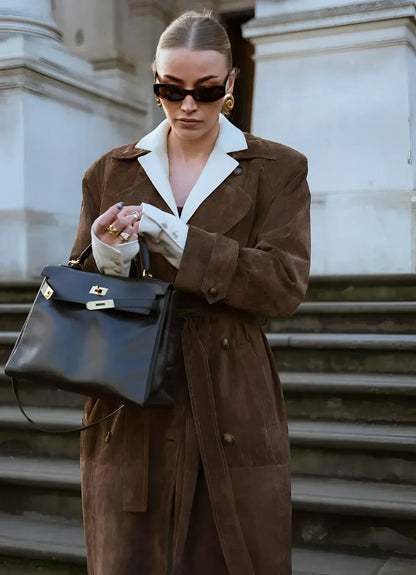 Double-Breasted Suede Trench Coat with Belt for Women