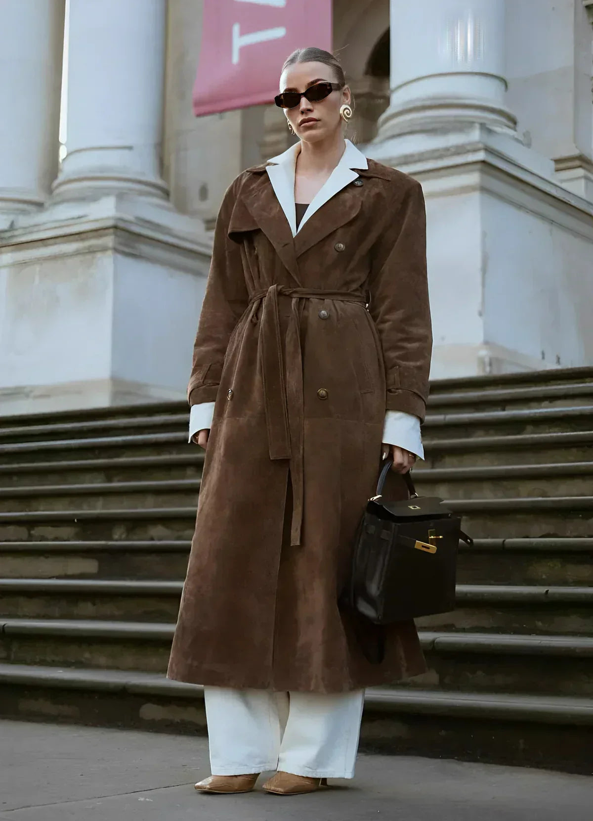 Double-Breasted Suede Trench Coat with Belt for Women - Brown