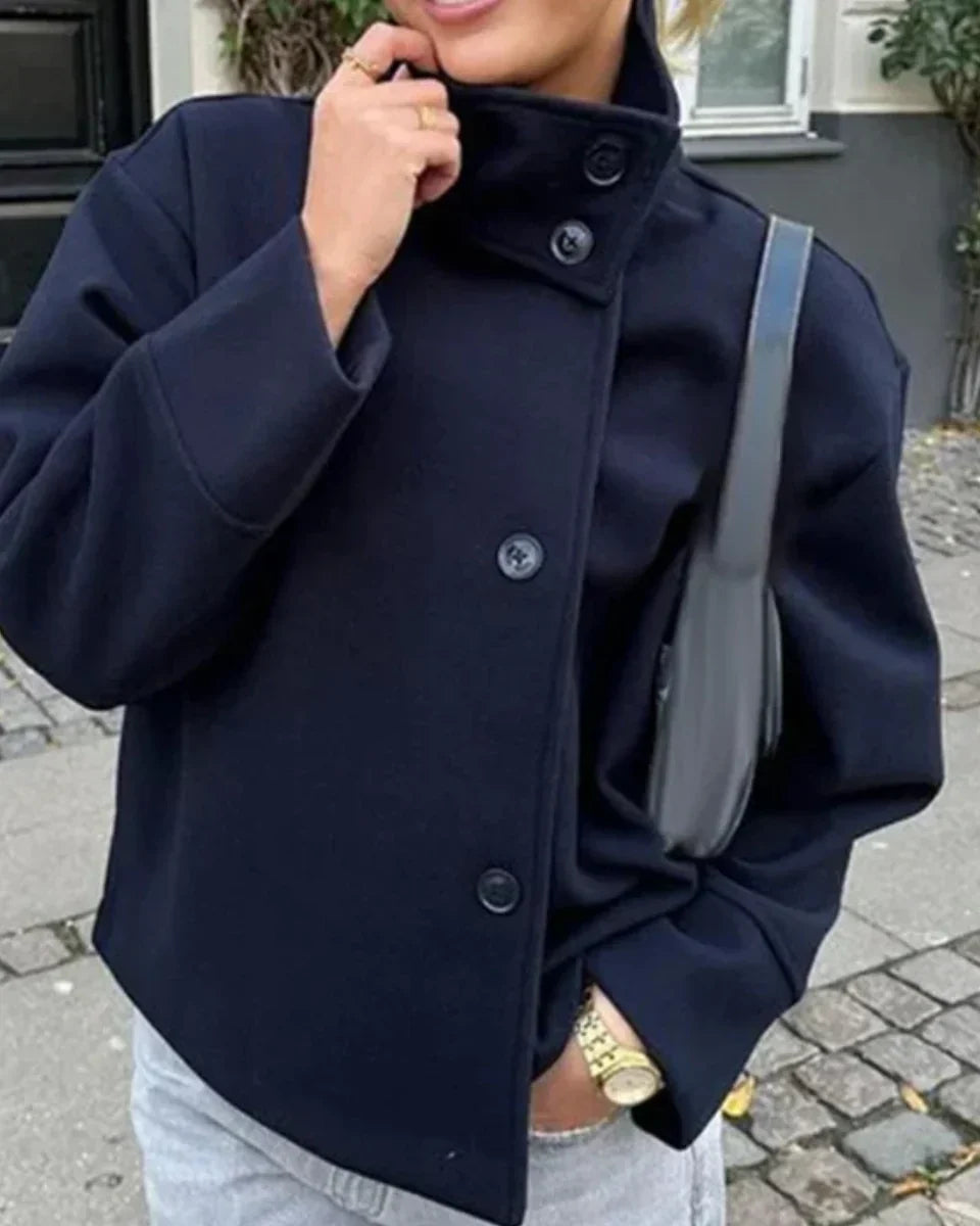 High-Neck Cropped Wool Coat for Women - Navy Blue